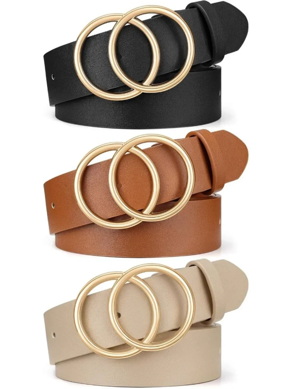 Stylish Women's Leather Belts - 3 Pack for Jeans & Dresses, Double O-Ring Buckle
